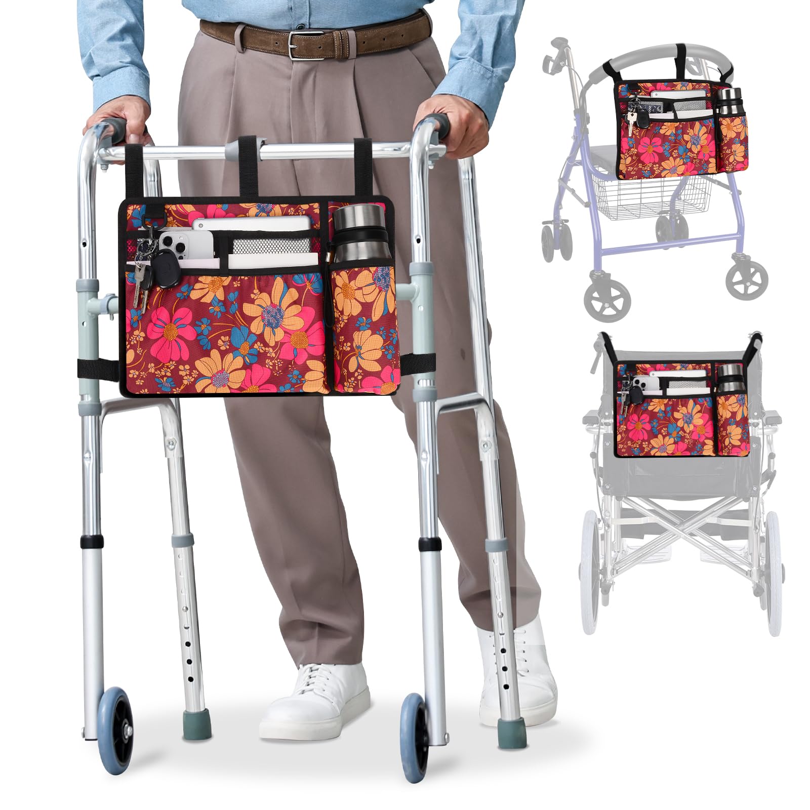 supregear Accessories Bag for Walker, Wheelchair, Rollator for Seniors, w/Cup Holder-Folding Walker Basket Large Capacity Waterproof Walker Caddy Pouch (Floral)