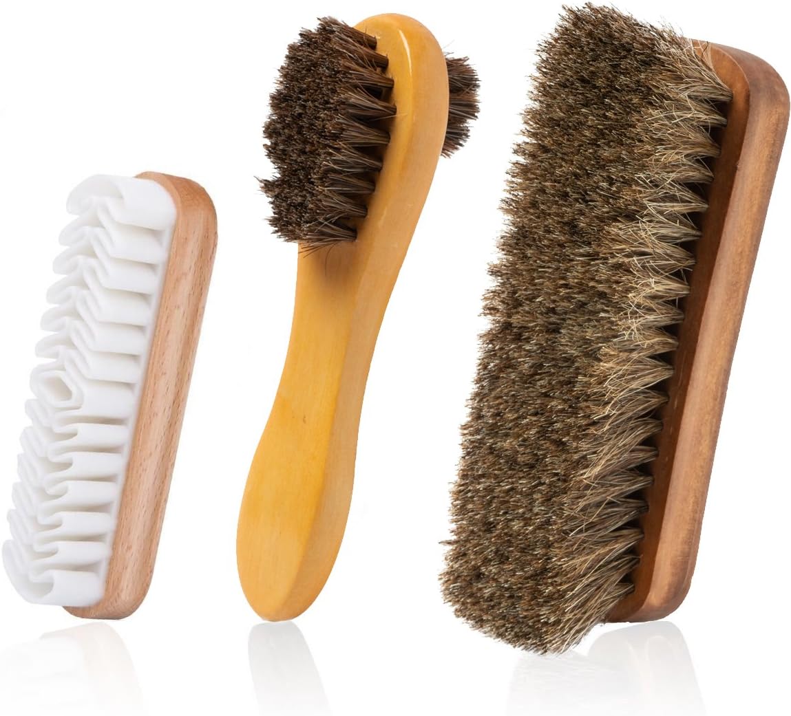 TAKAVU Horsehair Shoe Shine Brush Kit- 3 Different Shapes & Sizes - Premium Horsehair Shoe Shine Brush, Polish Applicator, Crepe Suede Shoes Brush for Shoes, Leather, Boot, Cloth, Bag