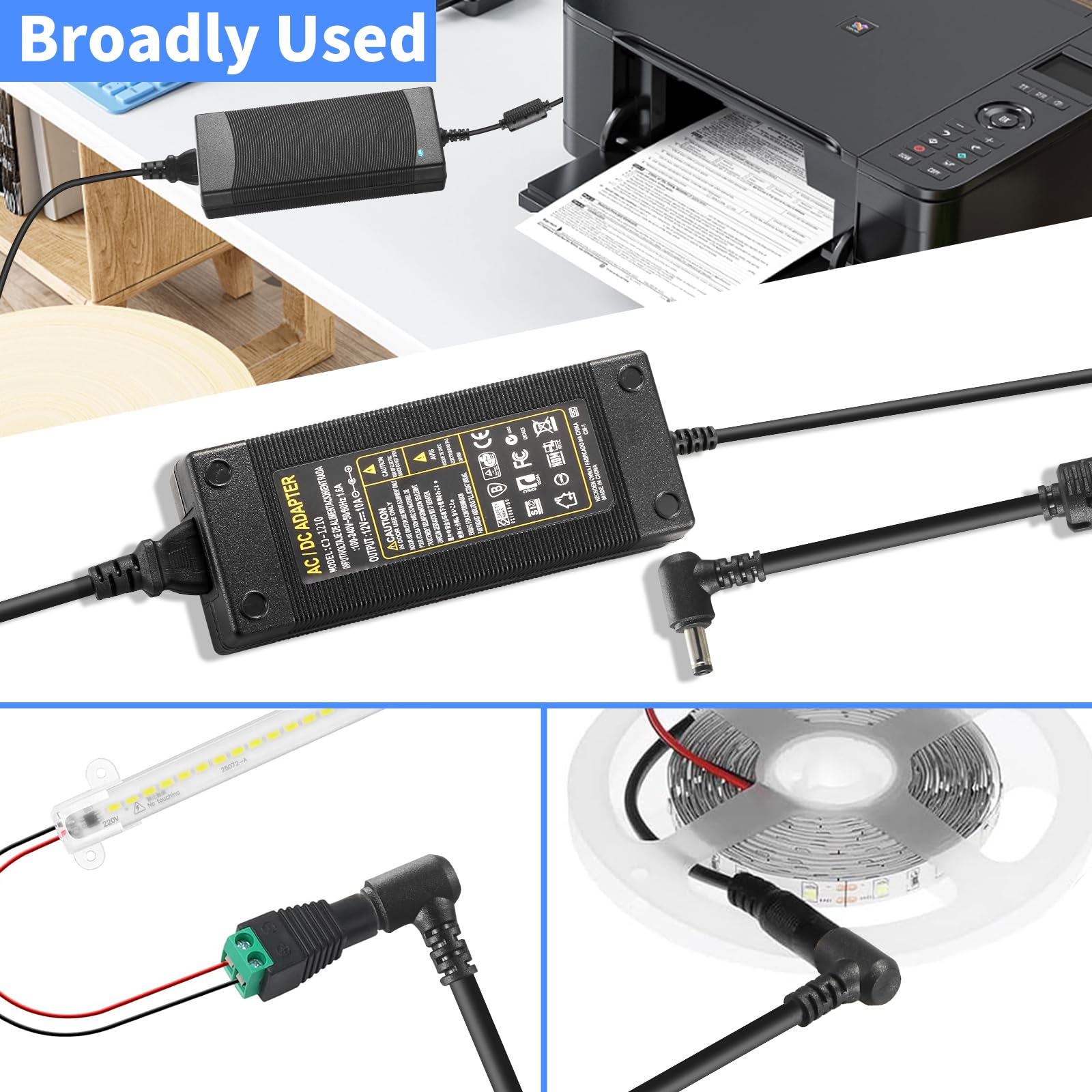 12V 10A Power Supply 120W 100V~240V AC to DC Adapter Converter Transformer,12 Volt 10 Amp Power Supply Adapter with 5.5mm x 2.5mm&2.1mm DC Output Jack for 12V Printe LED Strip Light CCTV Camera