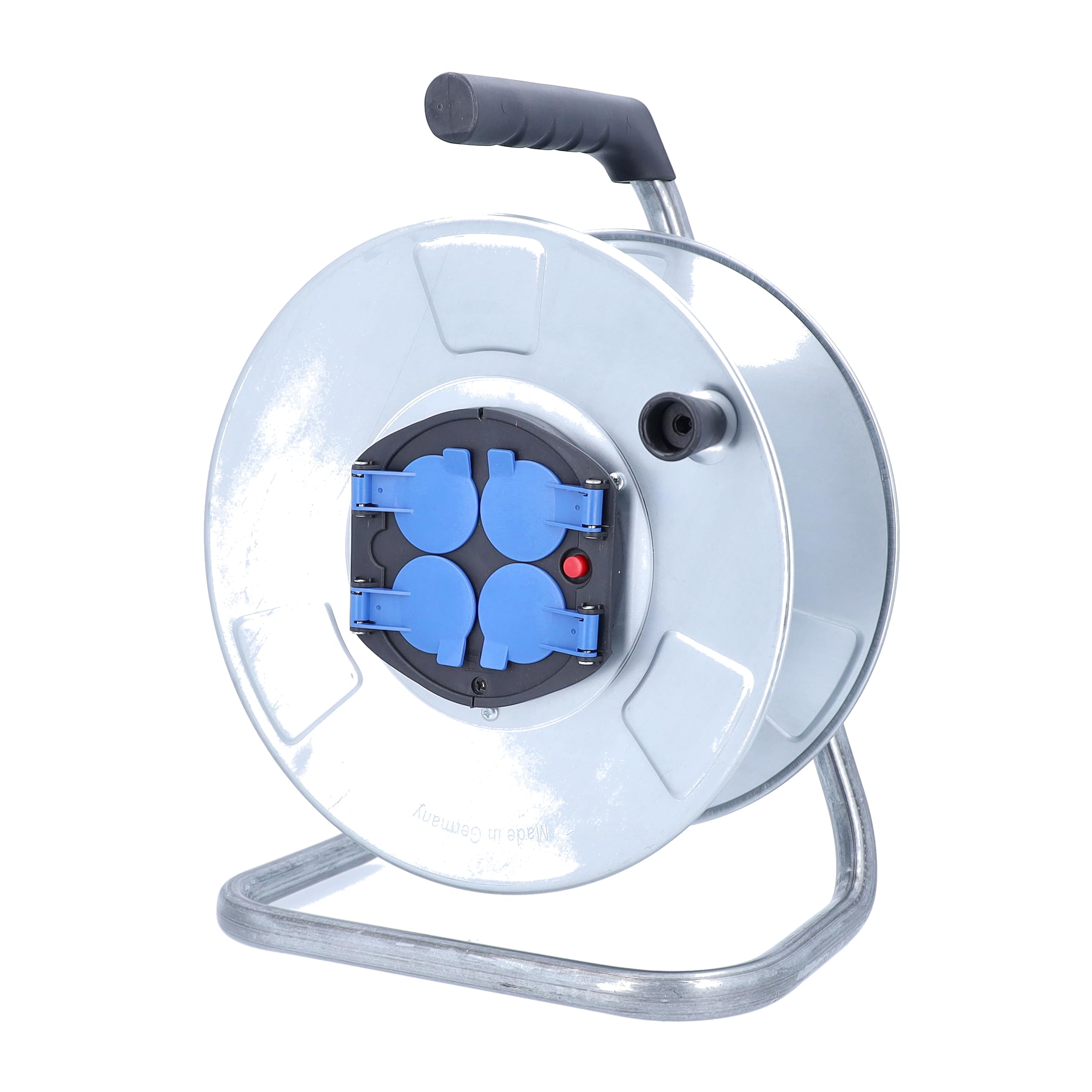 as - Schwabe Metal Cable Reel, Empty Reel, Diameter 285 mm, for Approx. 50 m Cable, 4 Built-in Sockets with Hinged Lid 230 V/16 A, Thermal Circuit Breaker, IP20, Silver, 10408