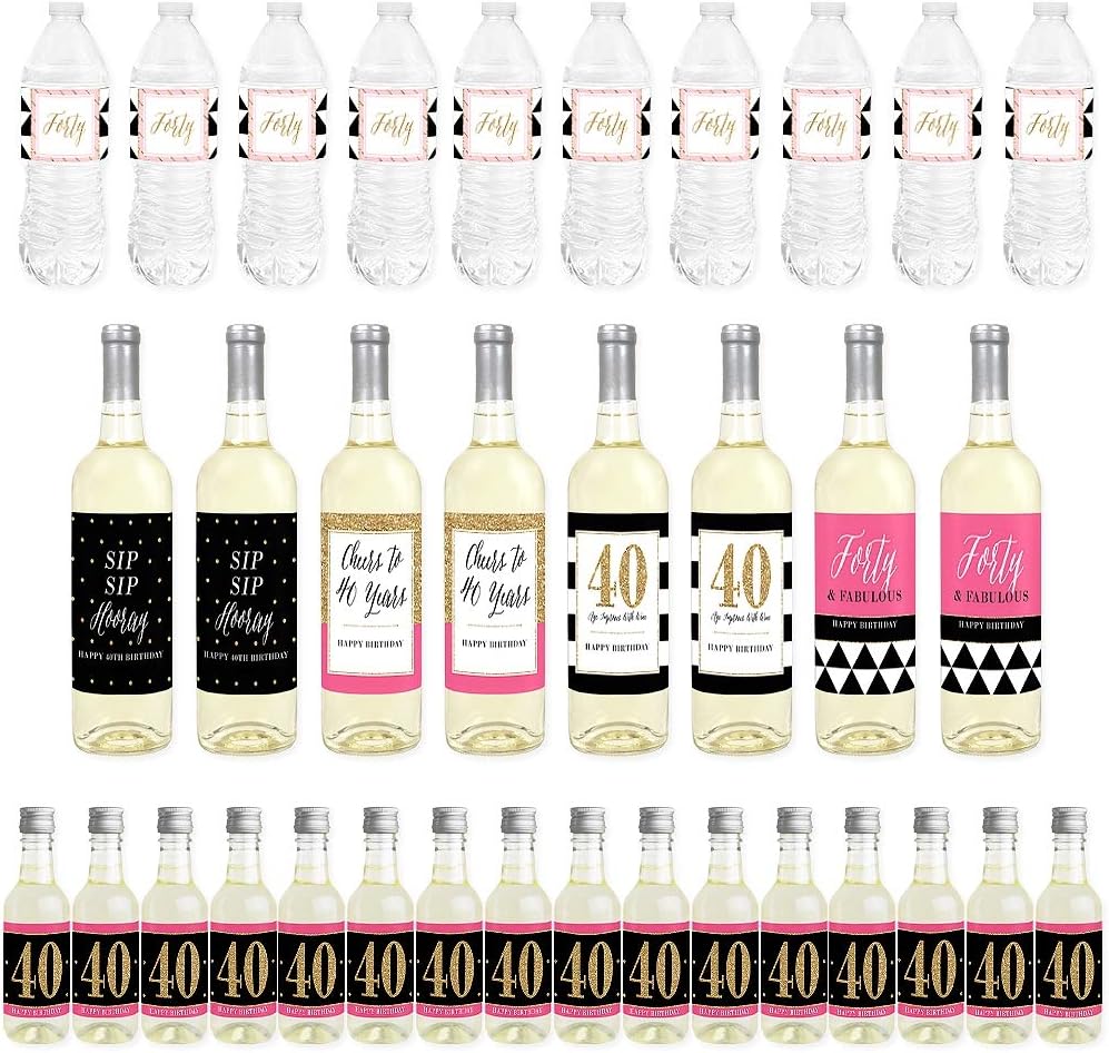 Big Dot of Happiness Chic 40th Birthday - Pink, Black and Gold - Mini Wine Bottle Labels, Wine Bottle Labels and Water Bottle Labels - Birthday Party Decorations - Beverage Bar Kit - 34 Pieces
