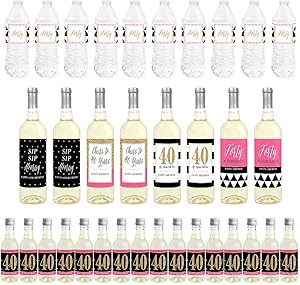 Big Dot of Happiness Chic 40th Birthday - Pink, Black and Gold - Mini Wine Bottle Labels, Wine Bottle Labels and Water Bottle Labels - Birthday Party Decorations - Beverage Bar Kit - 34 Pieces