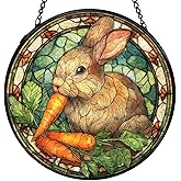 XINCEYWJ Bunny Decor, Bunny Gifts for Women, Rabbit Suncatchers Stained Glass Window Hanging, Rabbit Decor Sun Catchers Indoor Window Glass Round Wall Decor, 7.9x7.9in