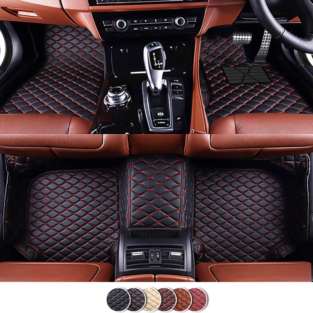 Veeleo Car Floor Mats for Jēēp Wrangler 4 Doors 2018-2019 Artificial Leather Waterproof Anti Slip All Weather Full Coverag Carpets (black with red stitching, Jeep Wrangler 4 Doors 2018-2019)