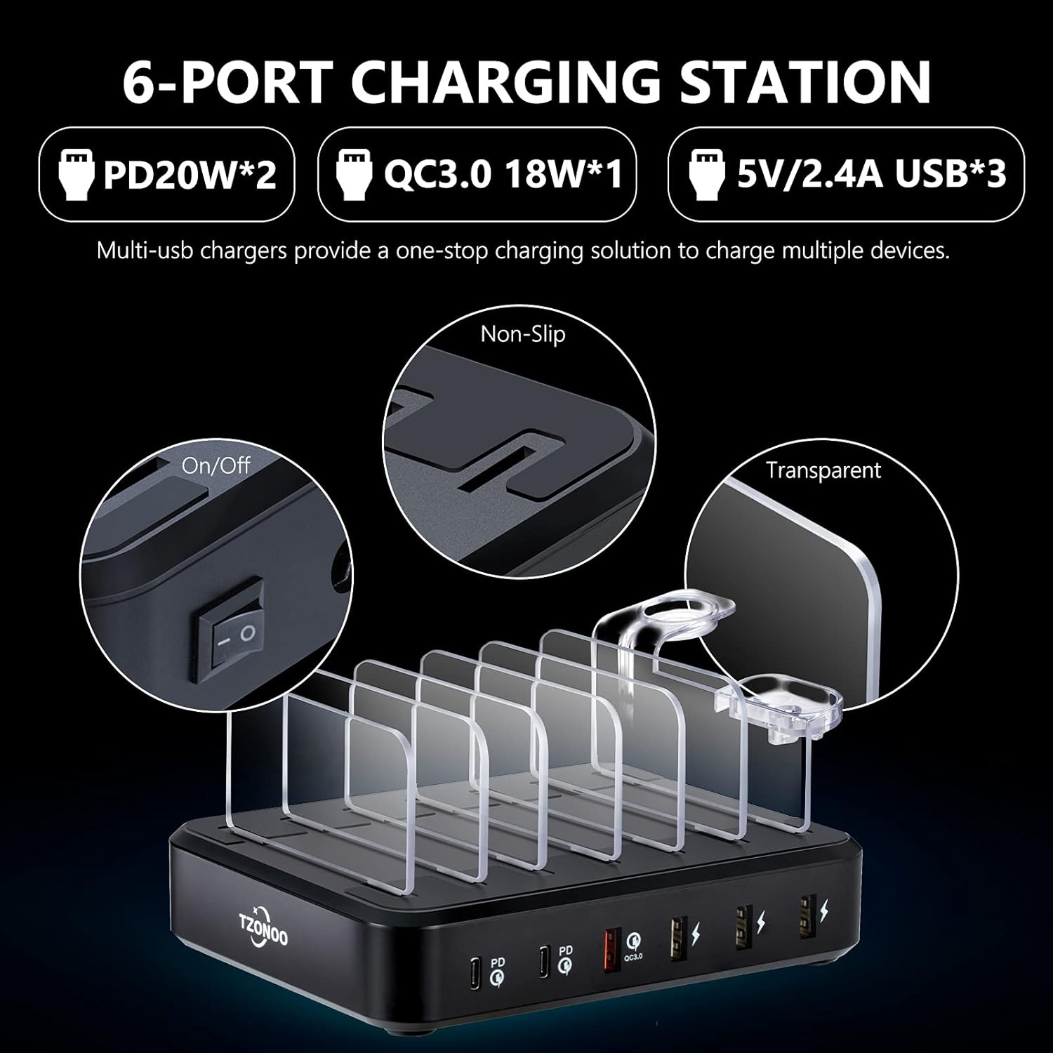 TZONOO 2PD 84W USB Charging Station 6 USB Ports Fast Multi Charger Stand Organizer Heavy Duty Dividers for Cell Phones Tablets Smartphones Electronics for iPhone 12/11 Apple Andiro Home Office(Black): Electronics
