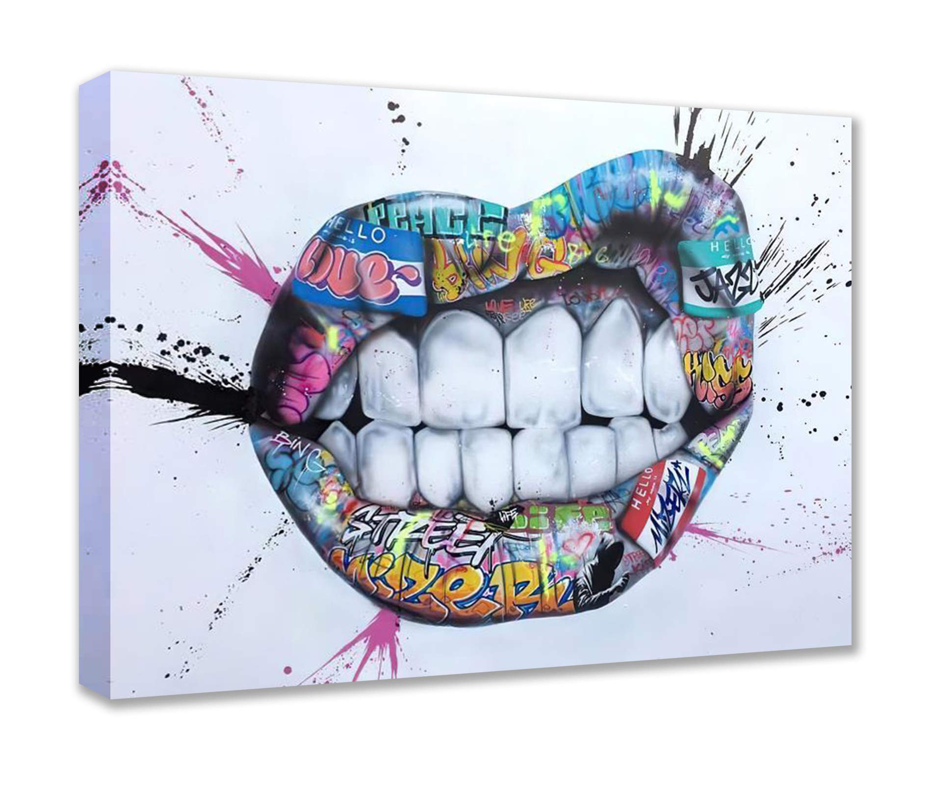 Banksy Lips Paintings Teeth Graffiti Pop Pictures Graffiti Street Art Artwork Abstract Heart Wall Art 1 Panels Prints on Canvas Man Room Home Decor Framed Ready to Hang(16''Wx 24''H)