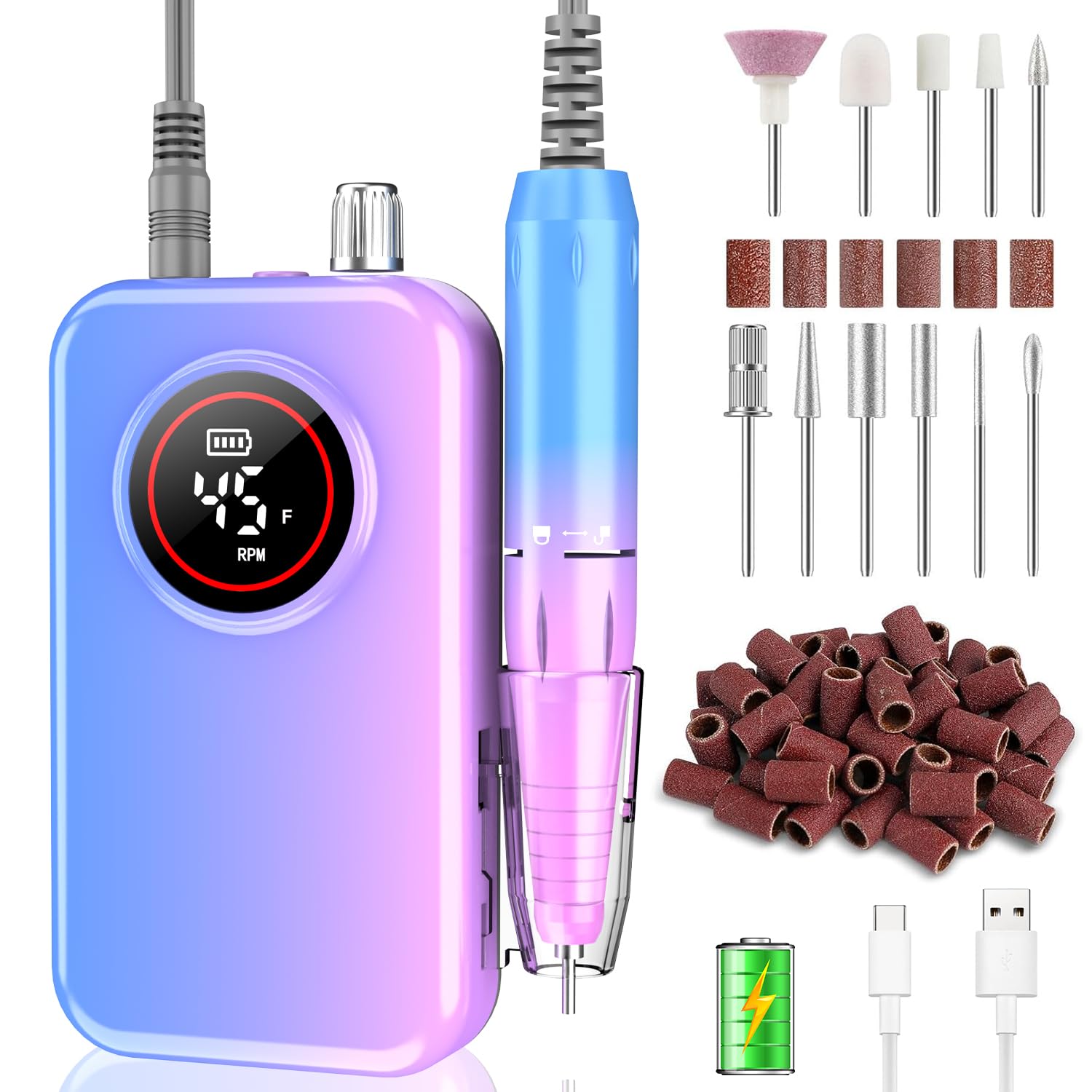 Photo 1 of Nail Drill Professional, 45000 RPM Rechargeable Electric Nail File Kit for Acrylic & Gel Nails, Portable Manicure Pedicure Tool for DIY Home or Salon, with 11 Nail Drill Bits & Sanding Band Set