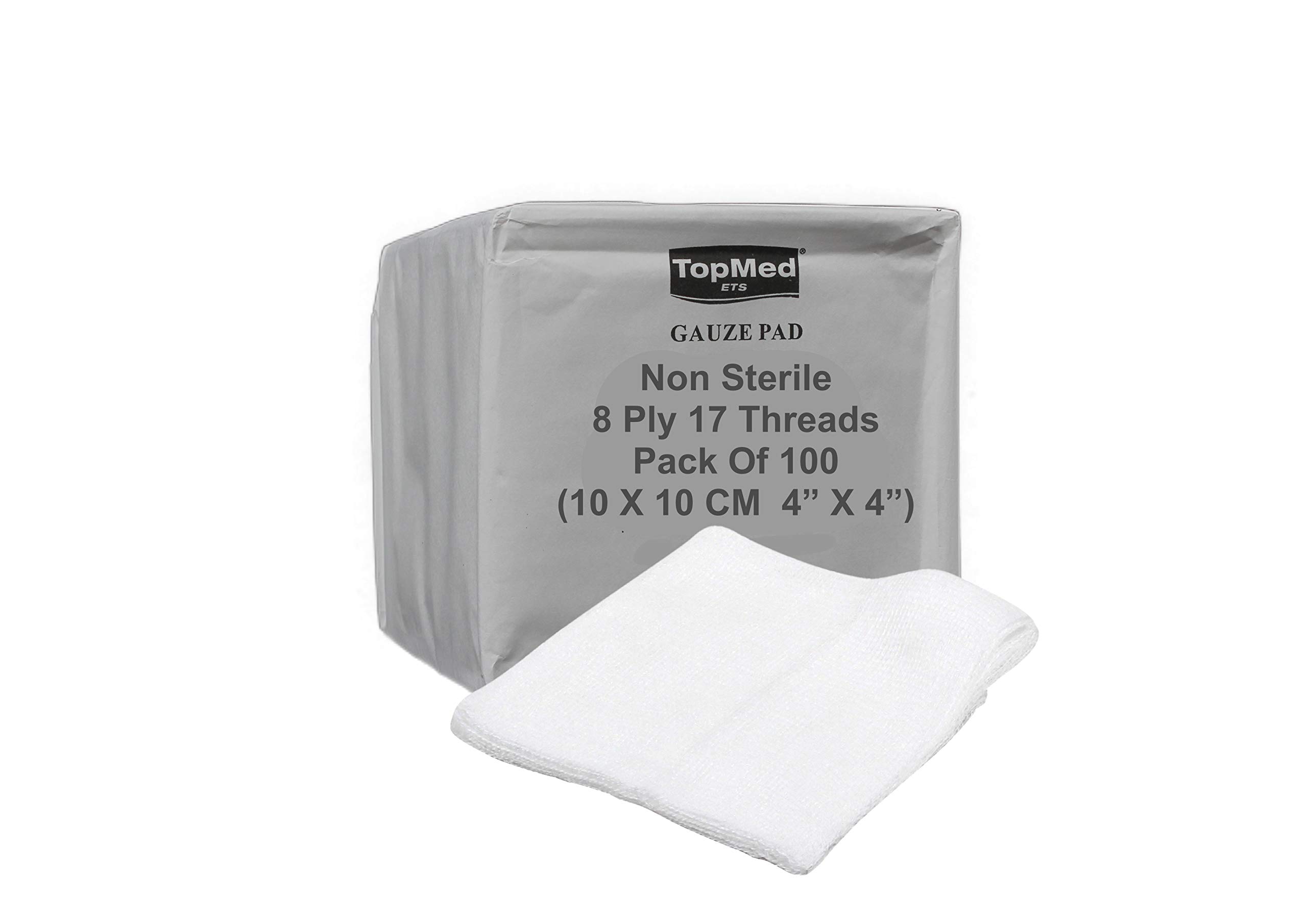 Cotton Gauze Swabs, Non-Sterile,White,8 Ply 17 Threads Pack of 100 (10 X 10 cm 4" X 4")
