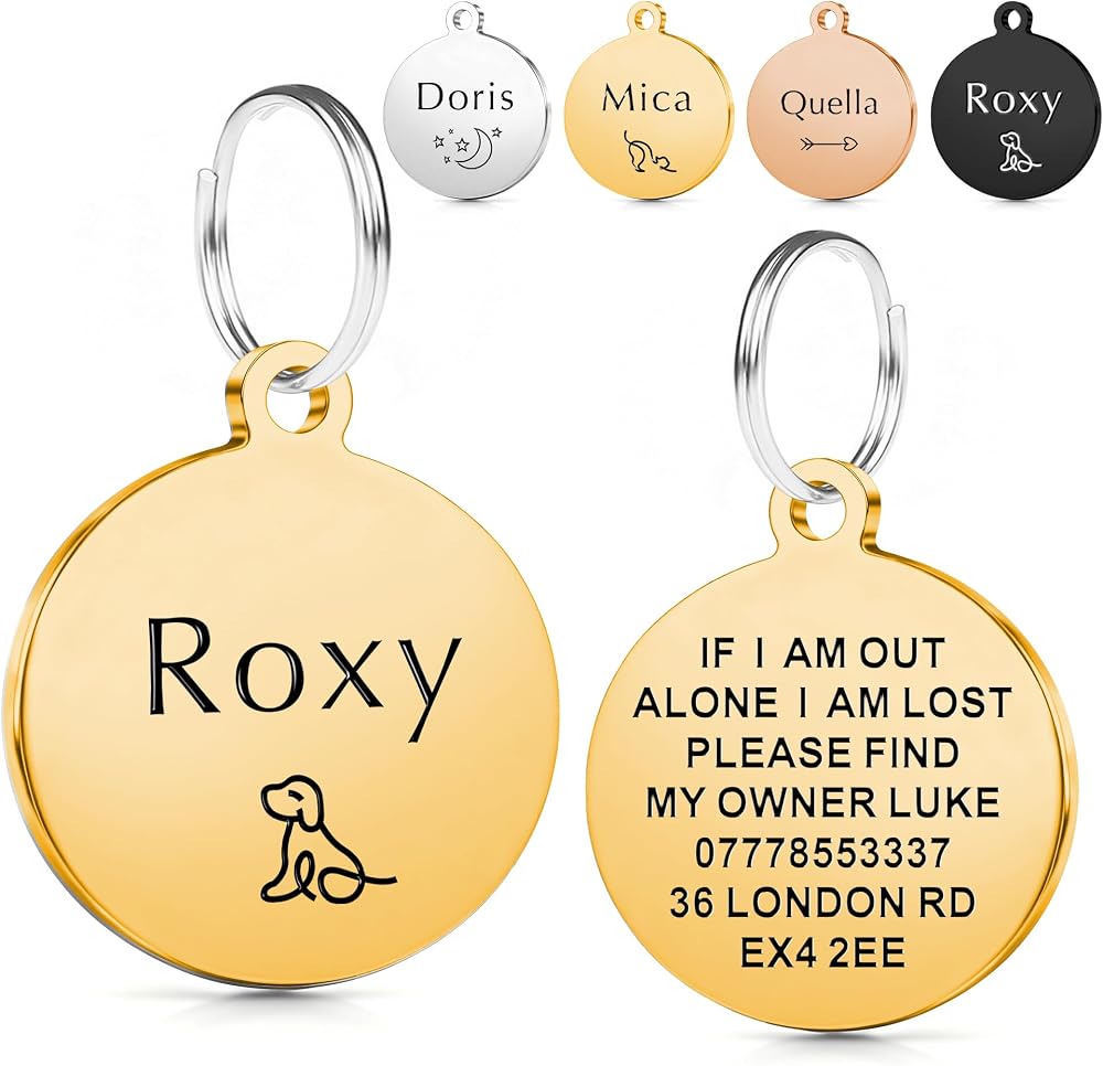 EDSG Personalised Pet Tags Deep Engraved Stainless Steel Gold Round 25-50mm