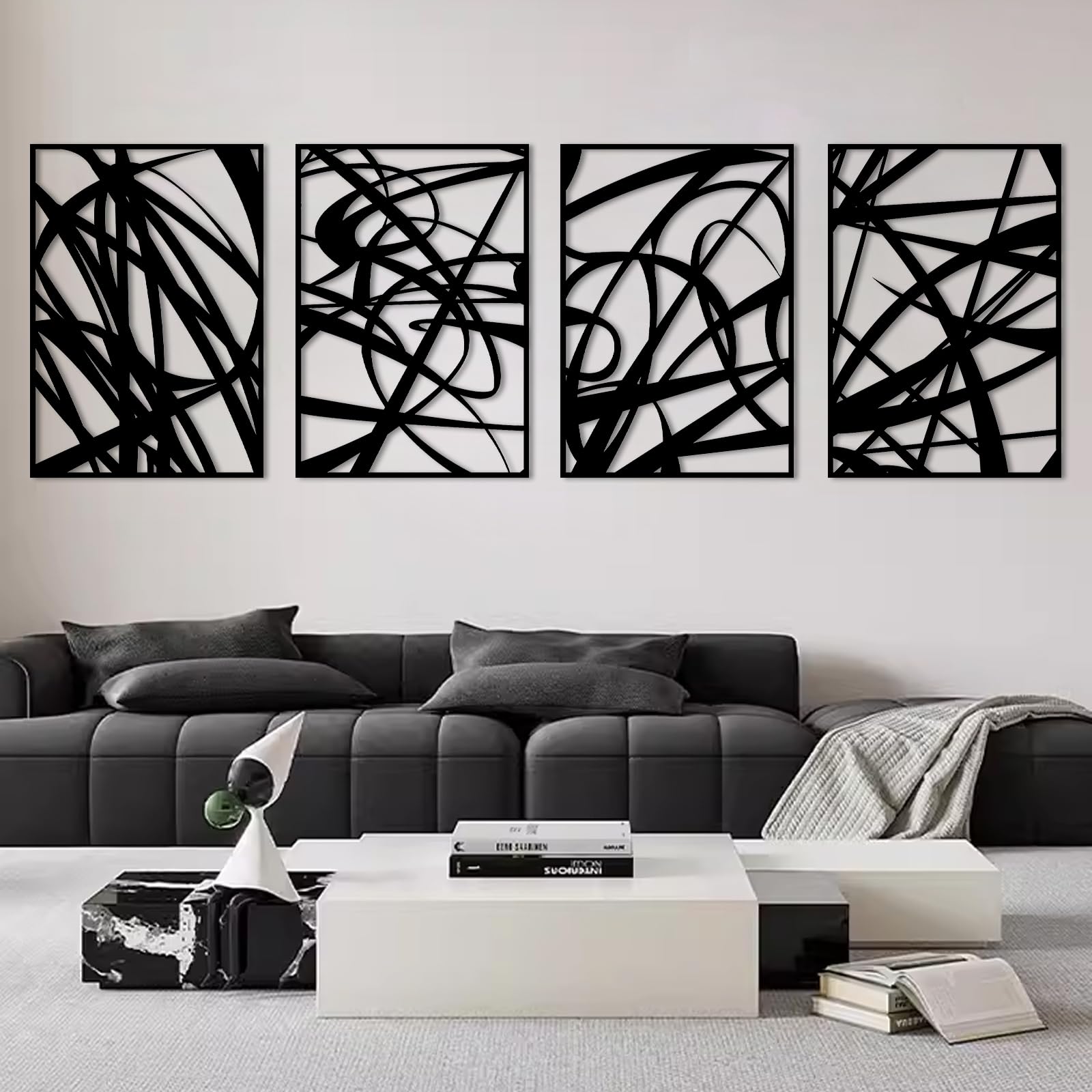 4Pcs Abstract Black Metal Wall Art, 3D Textured Wall Decor, Modern Hollow Out Design Wall Sculptures, Minimalist Line Art for Living Rooms Offices Restaurants (16in x 11in)
