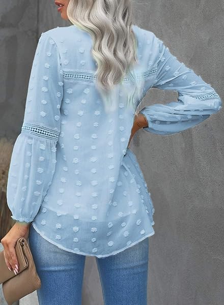 GRACEINES WOMENS ELEGANT CHIFFON V NECK BLOUSE LONG SLEEVE CASUAL POM POM SHIRT SWISS DOT TUNIC TOPS A-BLUE