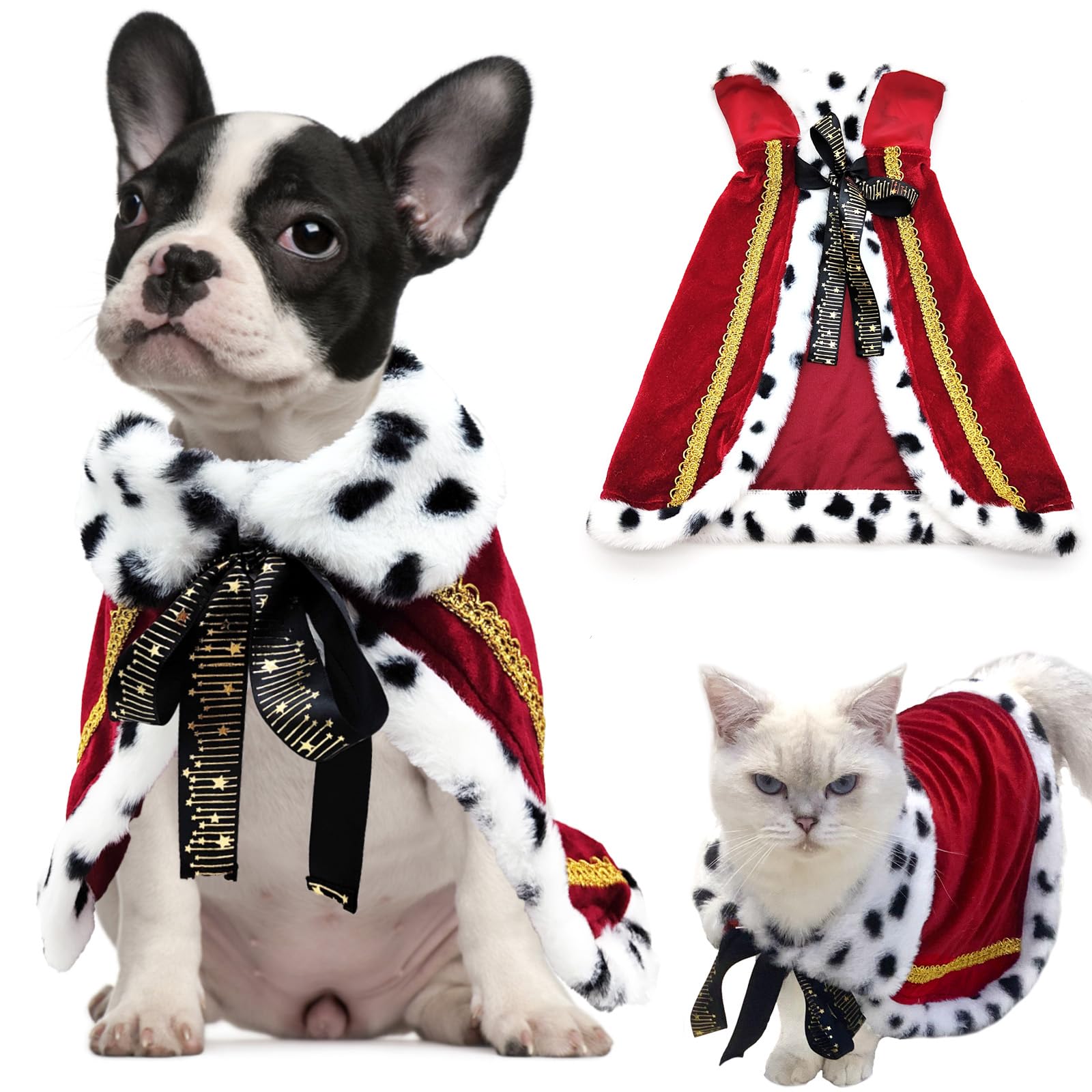 Photo 1 of ?Pet Cloak ?King Dog Cape Robe Cute Halloween Christmas Cat Costume Queen Clothes Lux Fur Royal Cape Prince Princess Outfit Birthday Dress Small Large Dog Halloween Costume (Crimson, Small)