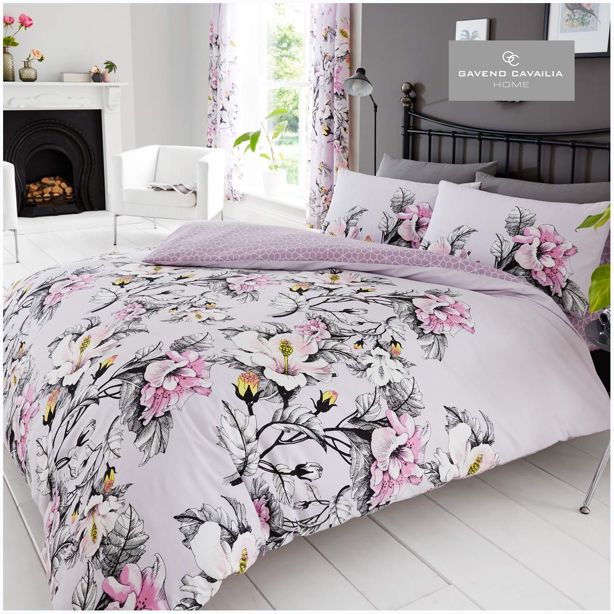 GC GAVENO CAVAILIA Gaveno Cavailia Eden Floral King Duvet Set Purple Bedding, 3 Piece Cotton Blend Reversible Printed Bedlinen, Easy Care DuvetCover Bedset, 1 Quilt Cover + 2 Pillow Cases
