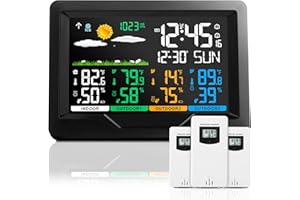 KALEVOL Weather Stations Wireless Indoor Outdoor Thermometers, Color Display Digital Atomic Clocks with Indoor Outdoor Temperature, Weather Thermometers with Multiple Sensors and Adjustable Backlight