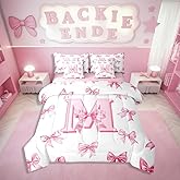 Erosebridal Pink Bowknot Bedding Set for Girls,Initial Letter M Queen Comforter Set 7 Piece for Kids Teen Women,Pink Watercolor Monogrammed Bed in A Bag with Sheets Dreamy Princess Bow Bed Set
