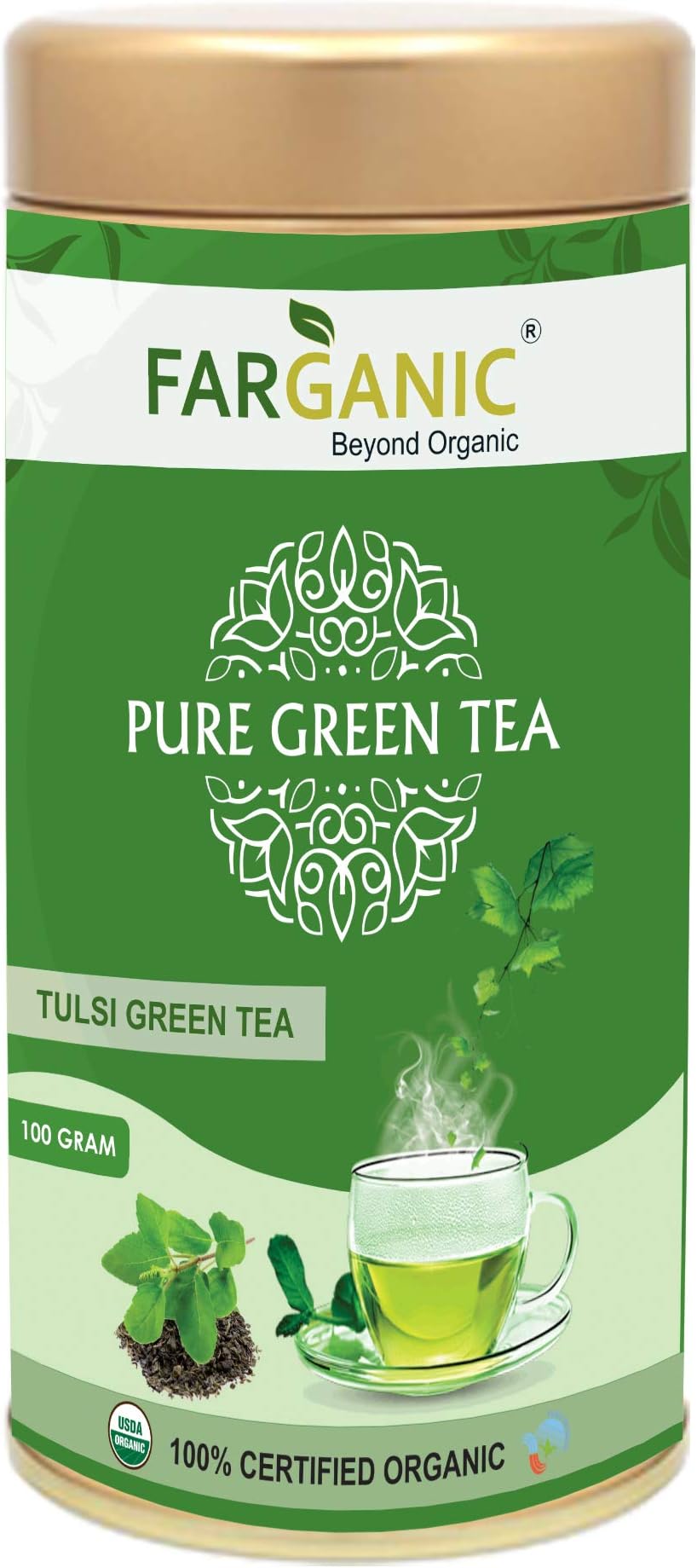 Farganic 100% Certified Organic Tulsi Green Tea. 100 Gram Loose Tea in Tin Box. Green Tea with Rama Krishna and Vana Tulsi.