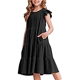 Arshiner Girl's Summer Dresses Ruffle Sleeve Tiered Swing Midi Casual Sundress with Pockets