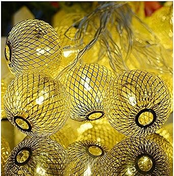 16 Led Golden Metal Lantern Lights| Round Shape|15 Ft String| Decoration for Home, Office, Diwali, Guru Parva,Eid & Christmas