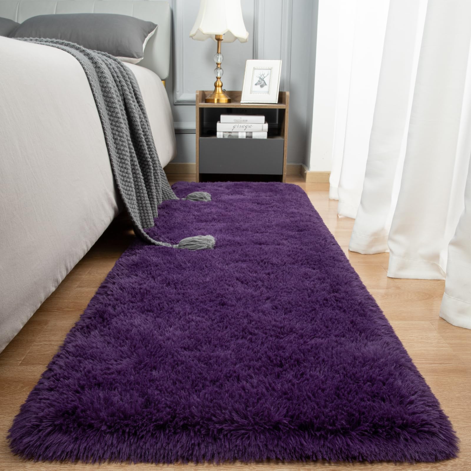 Photo 1 of Fosirug Rugs for Bedroom Long Plush 2x6 Feet Runner Rug for Living Room Ultra Soft Shaggy Carpet for Dorm Home Decor Fluffy Mat Faux Fur Rug for Bedside Nursery Kids Room College Drom, Purple