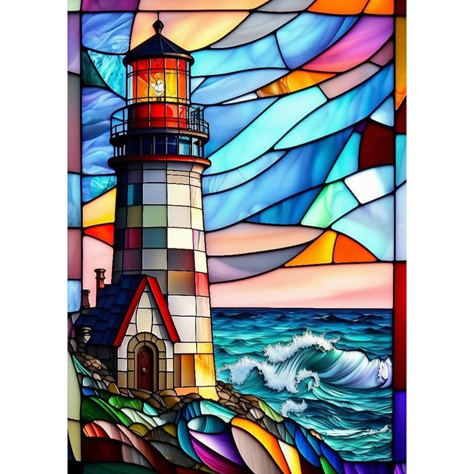 DAERLE 5D Lighthouse Diamond Painting Kits for Adults Kids, Stained Glass Window Diamond Art Full Drill Kits, DIY Diamond Pictures Kits for Home Office Wall Decoration 30x40cm
