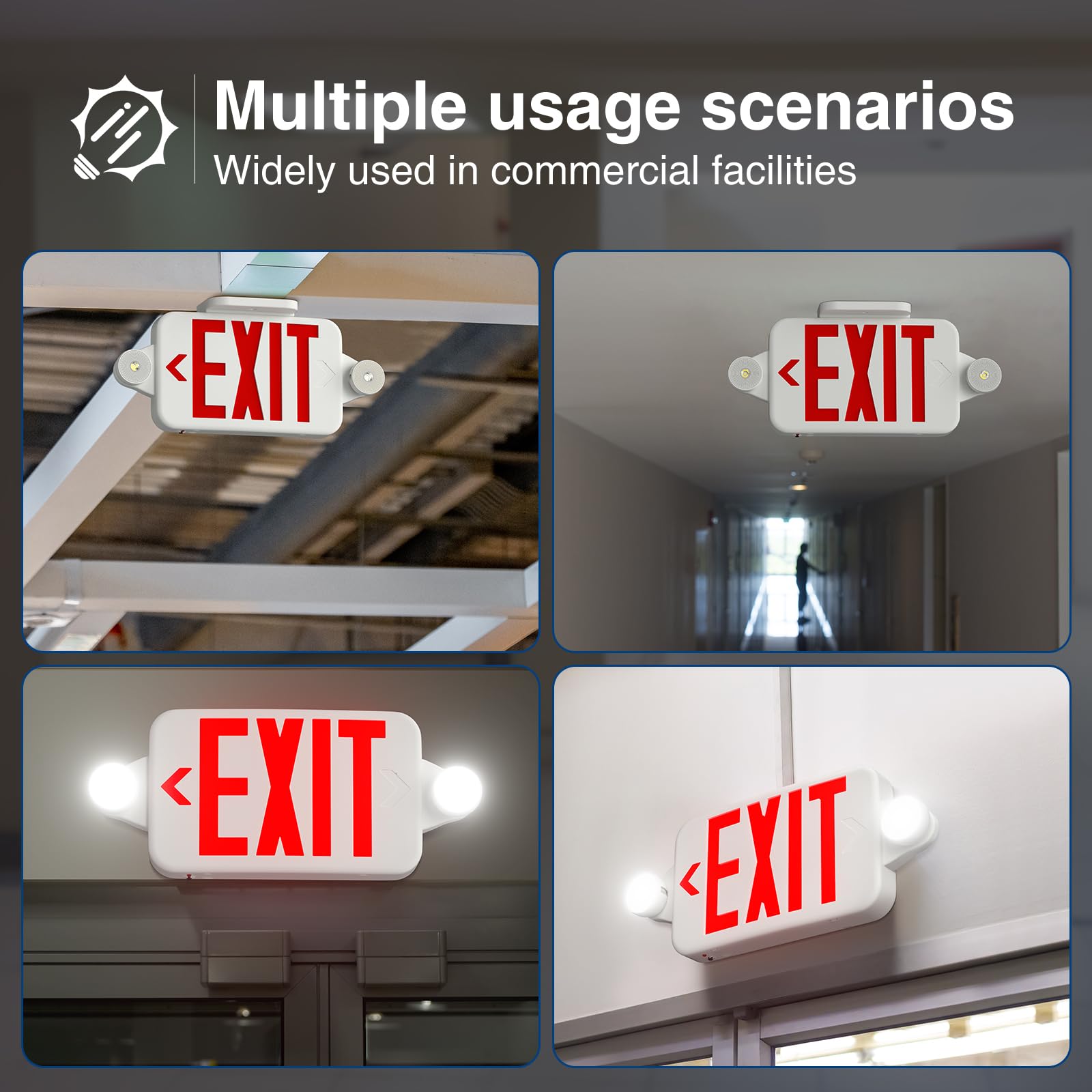 FREELICHT 6 Pack Red Exit Signs with Emergency Lights, Two LED Adjustable Head Emergency Exit Light with Battery Backup,Hard Wired,UL Listed, AC 120/277V,Exit Sign Combo for Business