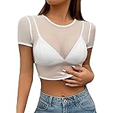 ADOME Mesh Top Mesh Crop Top Plus Sheer Cropped Shirt Black Crop Short Sleeve S-XXL