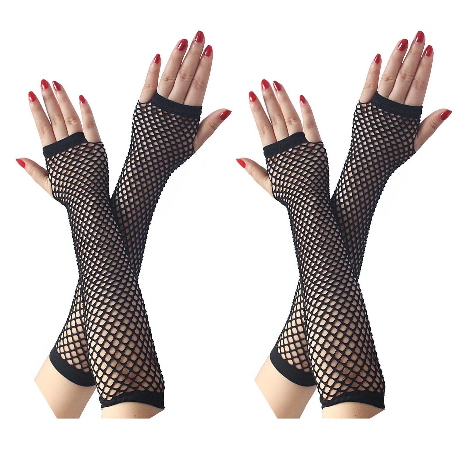 COSFAN 2 Pairs Fishnet Gloves Women, Fingerless Gloves Fancy Dress, Elastic Mesh Glove 1920s Hollow Gloves for Evening Party Halloween (Black)
