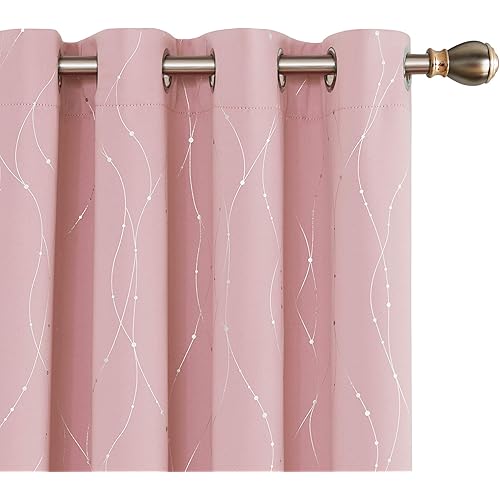 Deconovo Grommet Top Window Curtains Wave Line with Dots Foil Print Energy Efficient Blackout Curtain for Nursery 52 x 54 Inch Coral Pink 2 Panels