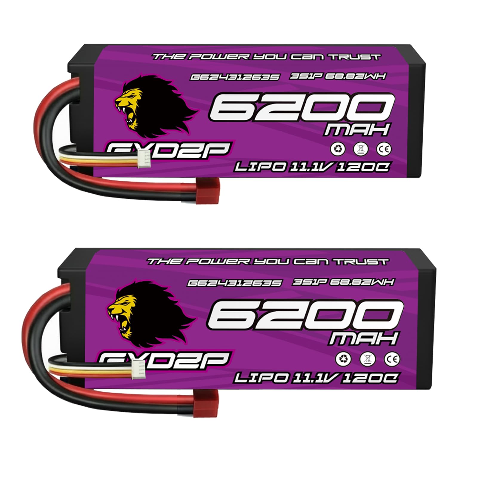 GXDZP Premium 3S LiPo Battery 11.1V 6200mAh 120C Hard Case with Deans/T Connector for 1/8 1/10 Scale RC Car Truck Buggy Boat Helicopter Airplane - High Discharge (Pack for Racing Crawling (2 Pack)