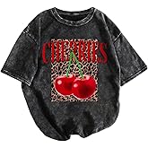 SHENHE Women's Washed T-Shirt Short Sleeve Leopard Cherry Graphic Tees Vintage Crew Neck Shirts