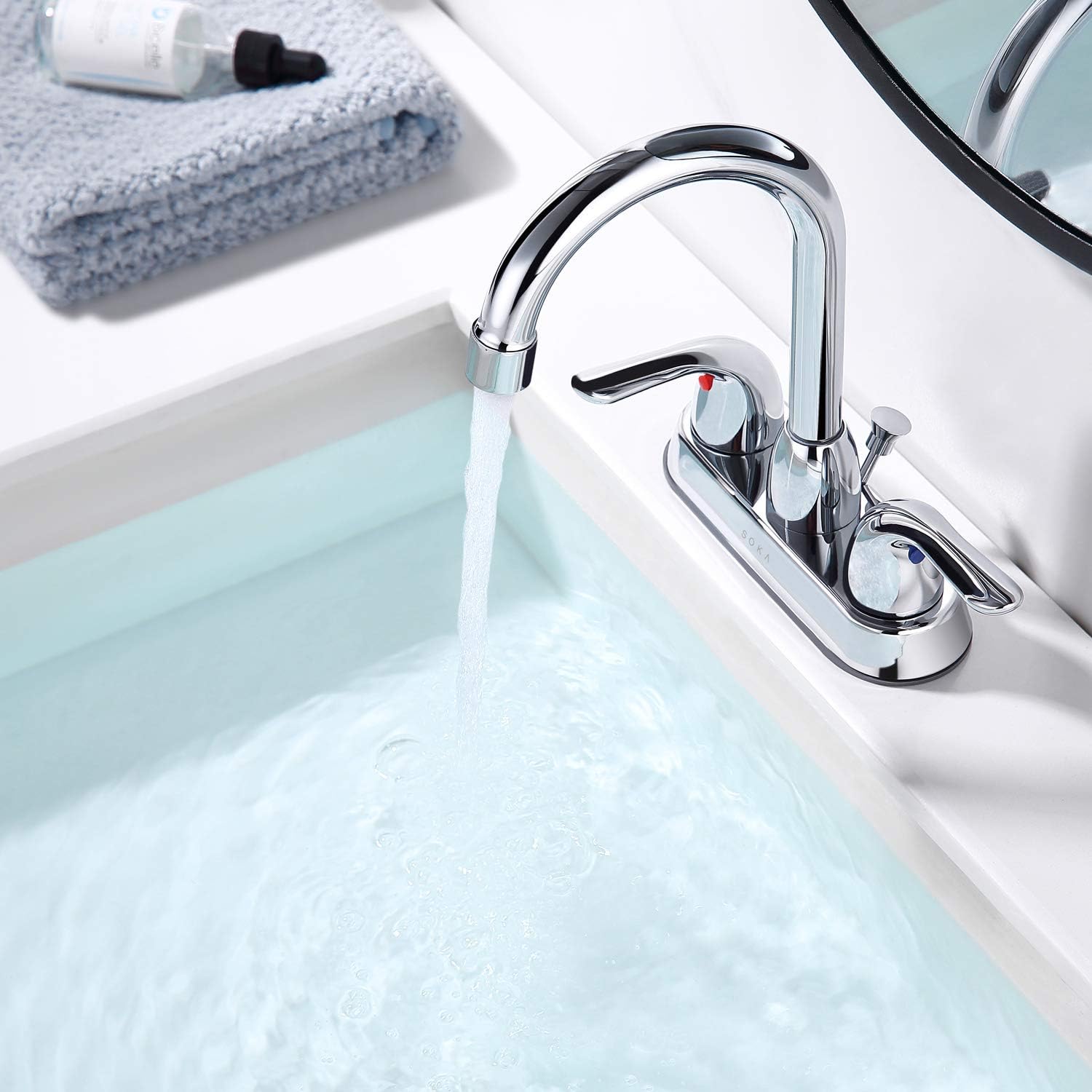 SOKA Two Handles Centerset Bathroom Faucet For Sink High Arc Stainless Steel With Deck Plate & Pop-Up Drain Assembly Fit 3 Hole Installation, Chrome (SK18001C) - - 