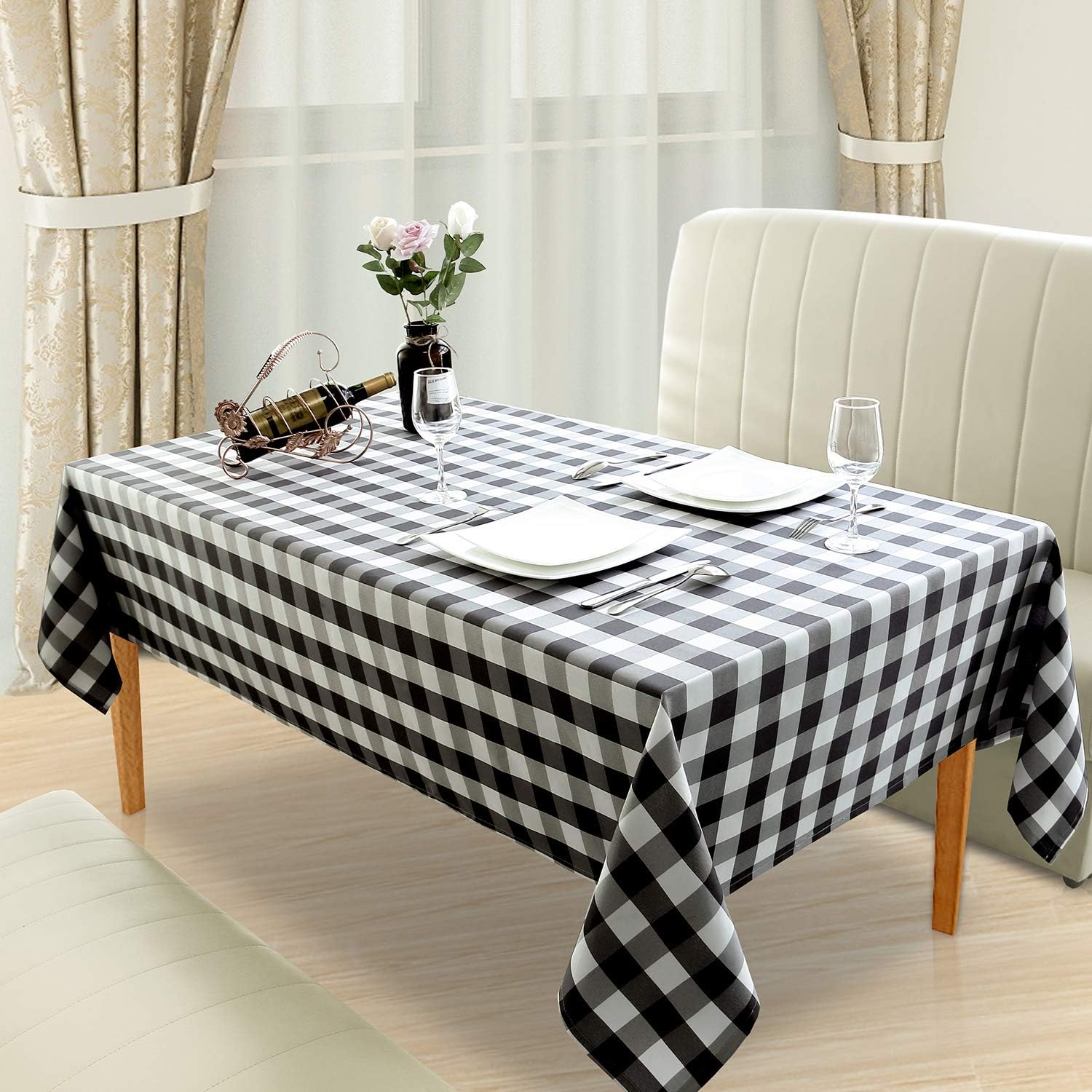 Hiasan 60 x 120 Inch Checkered Tablecloth Rectangle - Stain Resistant, Spillproof and Washable Gingham Table Cloth for Outdoor Picnic, Kitchen and Holiday Dinner, Black and White: Home & Kitchen