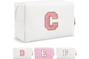 CHAOGREAT Personalized Makeup Bag Initial A-Z Preppy Patch Bag,Small PU Leather Travel Cosmetic Bag Pouch with Zipper,White Cute Toiletry Bag,Gift Ideal for Teen Girls Women Birthday Friend Mom,Letter C