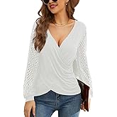 YELAIVP Long Sleeve Shirts for Women V Neck Lace Tops Dressy Business Casual Blouses Cross Wrap Sexy Tops Work Shirt