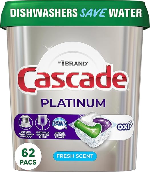 CASCADE PLATINUM DISHWASHER SOAP PODS, ACTIONPACS + OXI, FRESH, 62 COUNT OF DISHWASHER DETERGENT PODS
