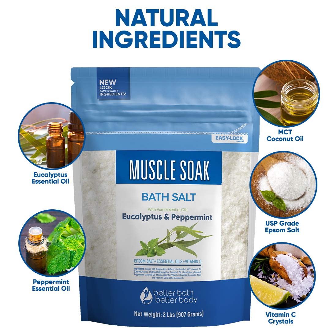 Muscle Soak Bath Salt 32 Ounces Epsom Salt with Natural Peppermint and Eucalyptus Essential Oils Plus Vitamin C in BPA Free Pouch with Easy Press-Lock Seal: Health & Personal Care