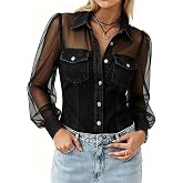 Women's Button Down Denim Shirts V Neck Sheer Puff Sleeve Jean Tops Trendy Fall Chambray Blouse Shirts with Pockets