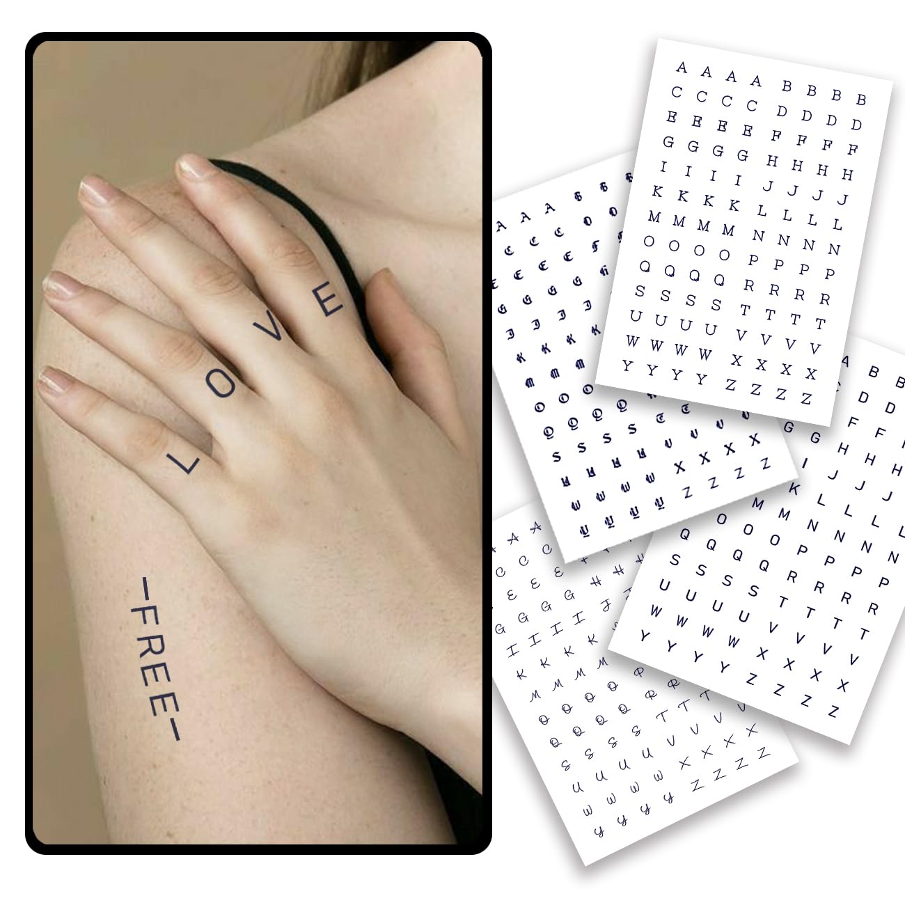 Photo 1 of CHARLNET English Letters Semi-Permanent Tattoos for Adult - 2 Weeks Long Last Letters Fake Tattoos for Women Men Finger Neck Body/Fades Naturally/No Reflection/Waterproof,DIY Letters Stickers