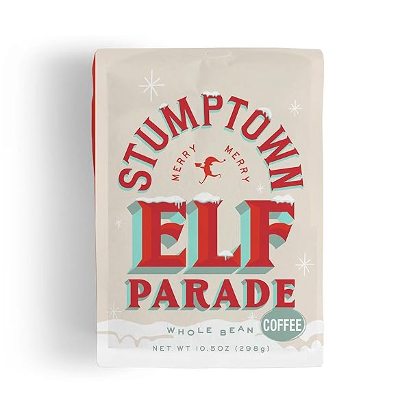 STUMPTOWN COFFEE ROASTERS, MEDIUM ROAST WHOLE BEAN COFFEE, 100% ARABICA COFFEE – ELF PARADE HOLIDAY BLEND, FLAVOR NOTES OF BUTTERSCOTCH, CHOCOLATE AND BAKING SPICE – 10.5 OUNCE BAG
