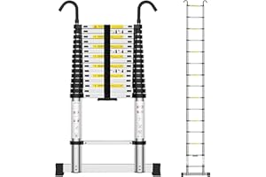 Nestling Telescoping Ladder, 20.34 FT Aluminum Extension Ladder with 2 Detachable Hooks, Portable Attic Ladder, Heavy Duty 330lbs Max Capacity, Multi-Purpose Collapsible Ladder for Indoor Outdoor Work