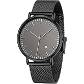 TWOPTION Mens Watches Sleek Minimalist Analog Quartz Waterproof Watches for Men, Stainless Steel Mesh Band Men's Wrist Watch with Auto Date
