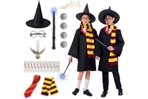 Magic Wizarding Costume Wizard School Halloween Costume Cosplay Hooded Magic Robe Gryffindors Costume Set with Tie Scarf Wand