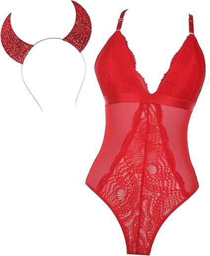 Amazon.com: Sexy Devil Costume- Womens Red Lace Lingerie Bodysuit with