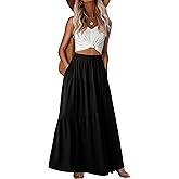 GRECERELLE Women's Boho Maxi Skirt Elastic High Waist Tiered A-Line Casual Summer Flowy Asymmetric Long Skirts with Pockets
