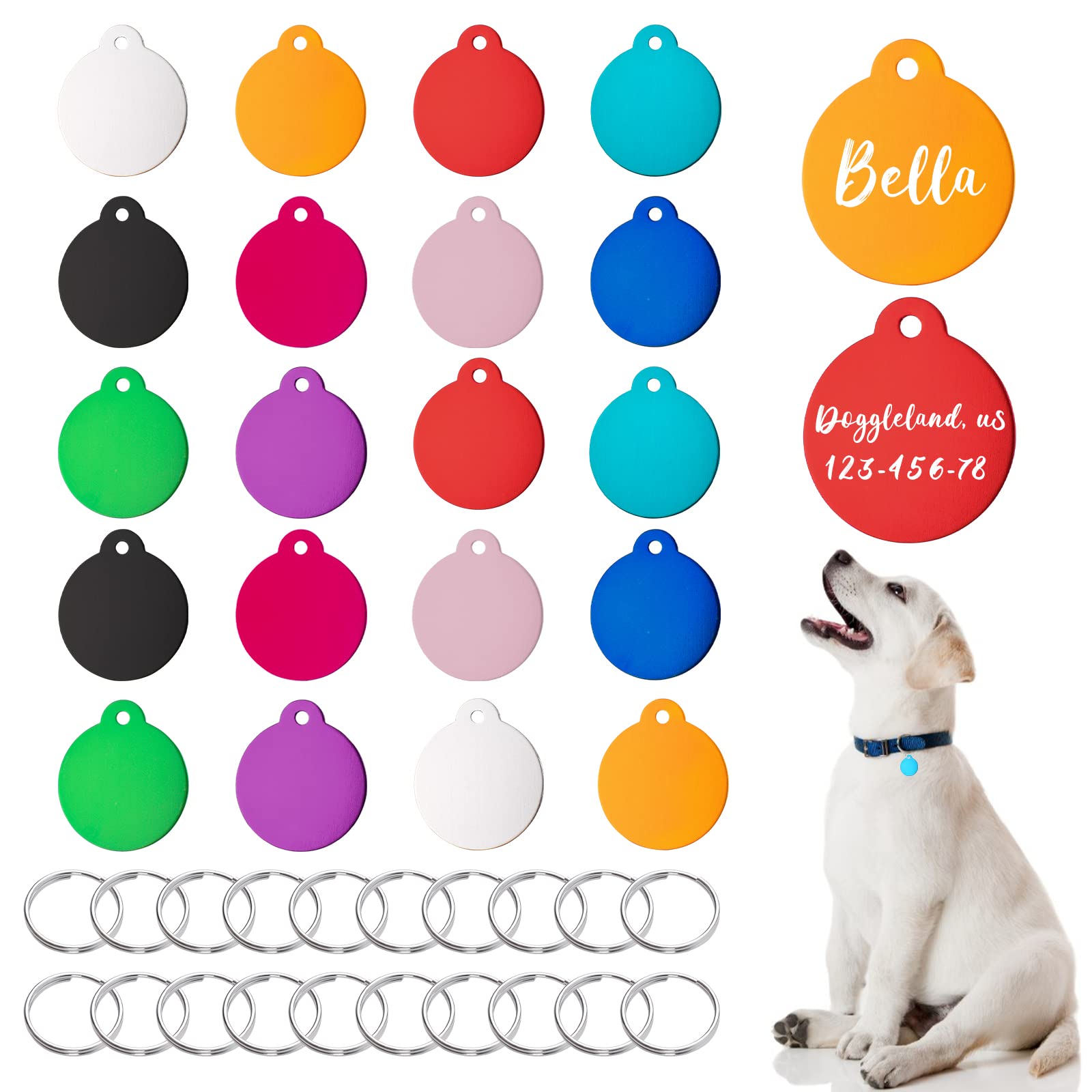 HACRAHO 20 PCS Round Aluminum Pet ID Tags - Blank Engraved Dog Name Phone Number Tags with 20 PCS Key Rings, 1.38 * 1.26