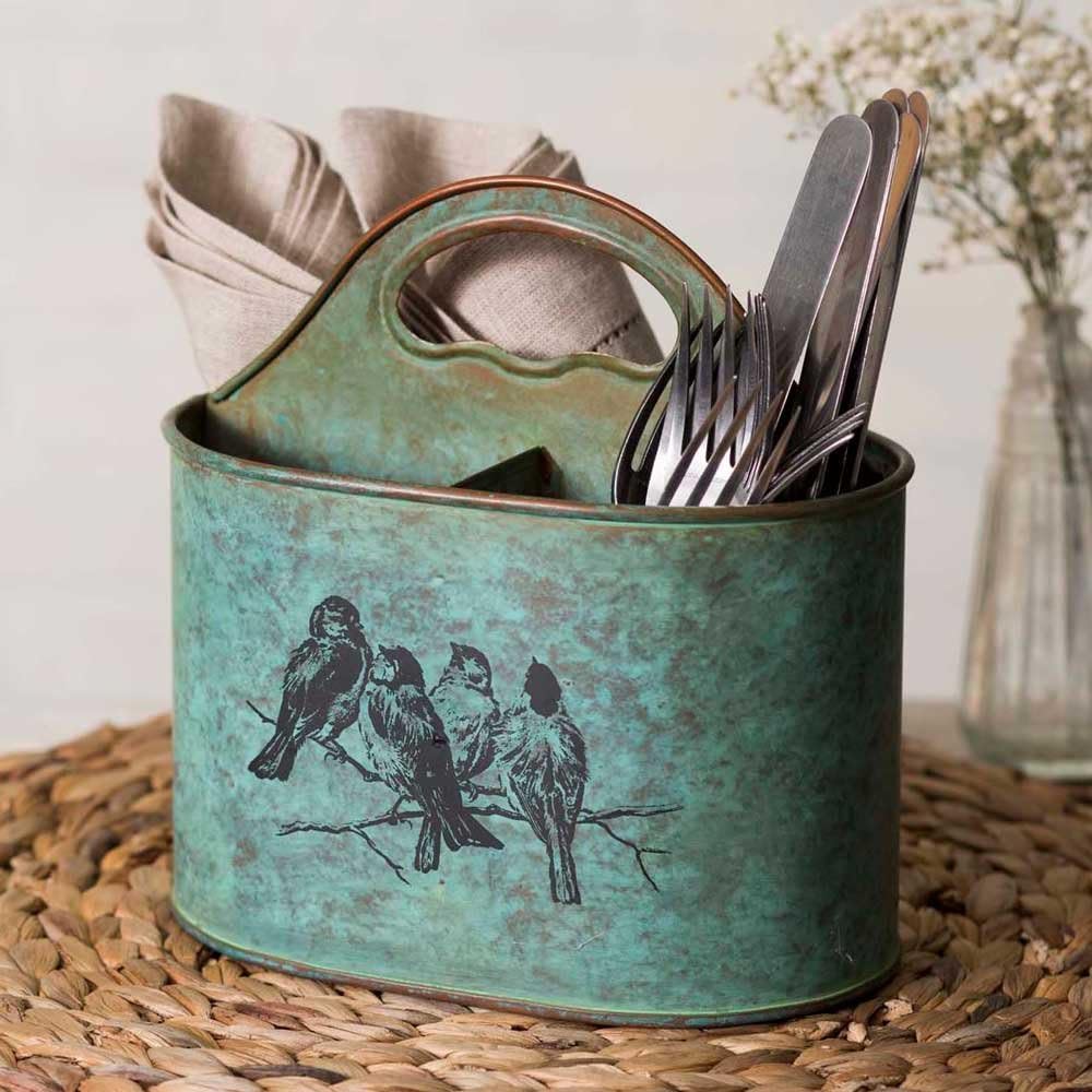 Colonial Tin Works Songbirds Metal Divided Kitchen Caddy green -