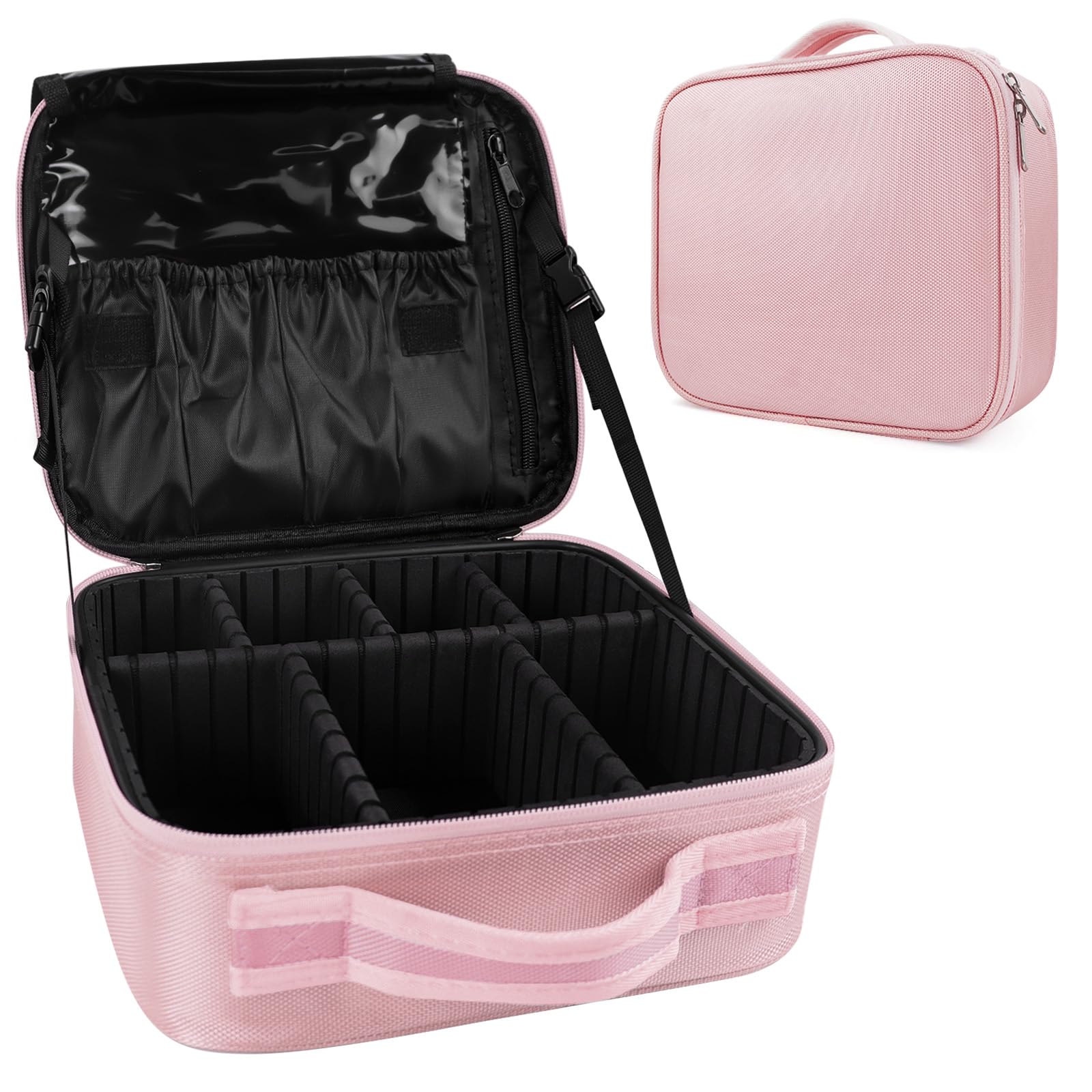 Travel Makeup Bag Organizer, Cosmetic Bag, Portable Cosmetic Case, Makeup Storage Bag, Travel Vanity Beauty Box with Adjustable Compartments for Women, Pink