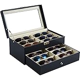 Anfrere 12 Slot Sunglasses Organizer, Lockable Leather Multi Eyeglasses Organizer with Drawers, Eyeglass Frames with Clear Glass Covers for Watch Jewelry Collection, Black