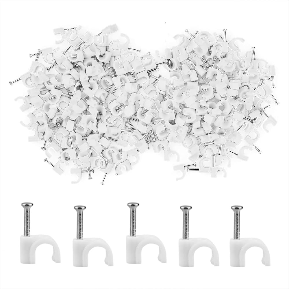 LAMXD 200x 6mm White Round Cable Clips for Wire Management with Steel Nail