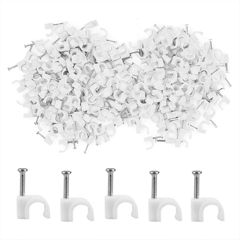 LAMXD 200x 6mm White Round Cable Clips for Wire Management with Steel Nail